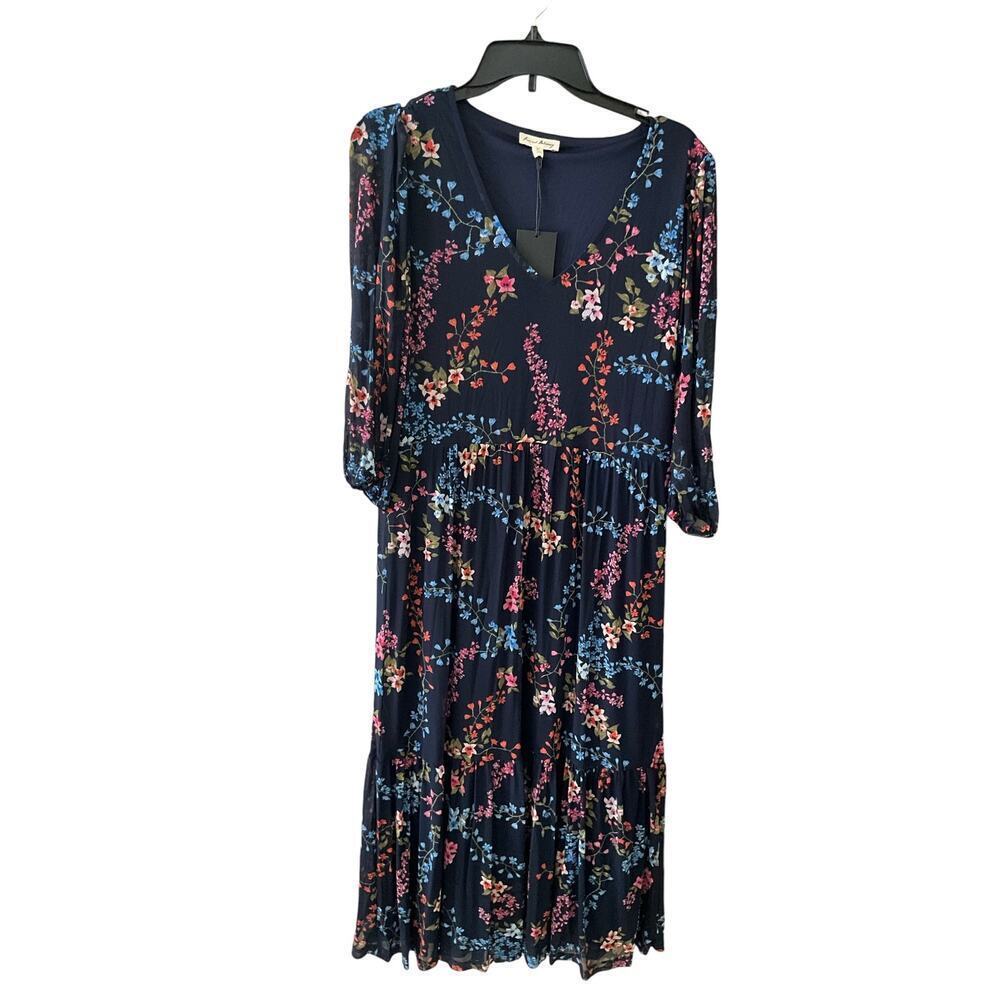 June and Delancey Womens Floral Midi Dress V-Neck Tiered Blue Size Medium NWT